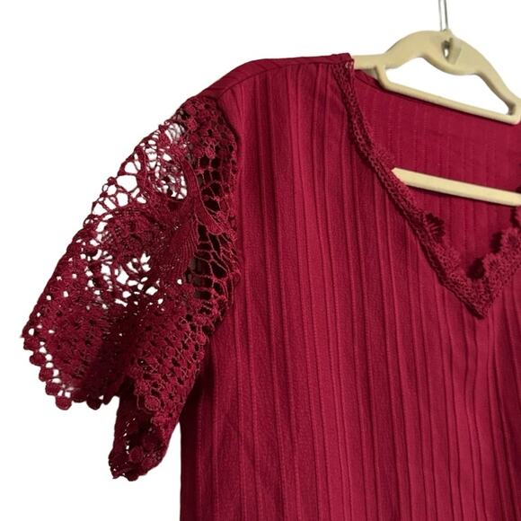 Shein Short Sleeve Top Womens L Maroon Ribbed Lace V-Neck Blouse - Picture 2 of 5
